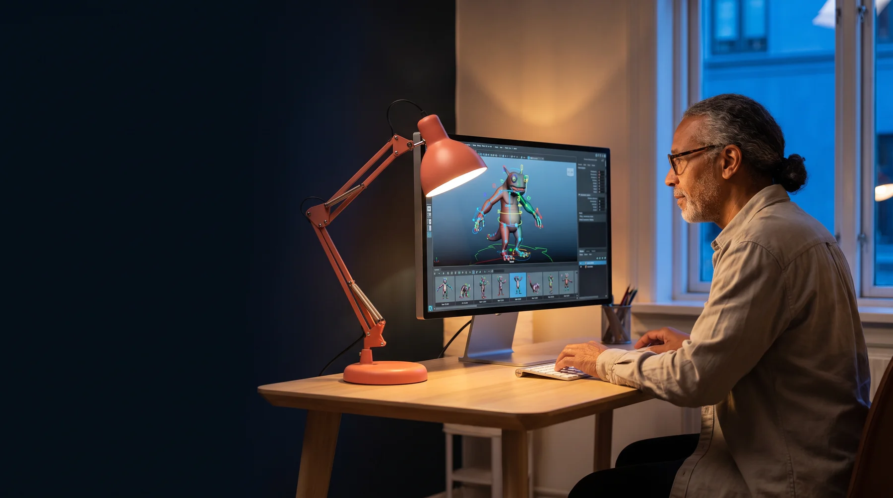 Animator working at a monitor in a dark studio