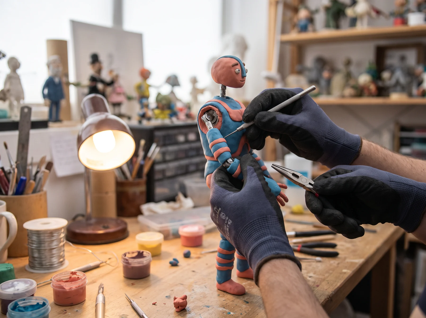 Animator holding a sculpted character maquette in a studio