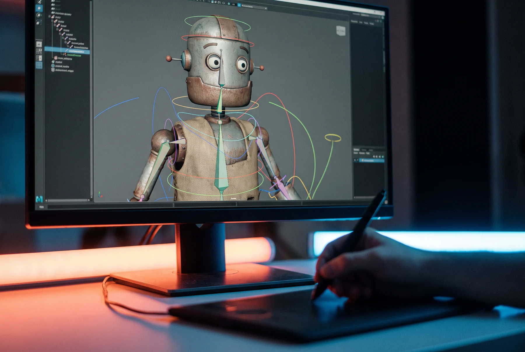 Digital character model displayed on a monitor