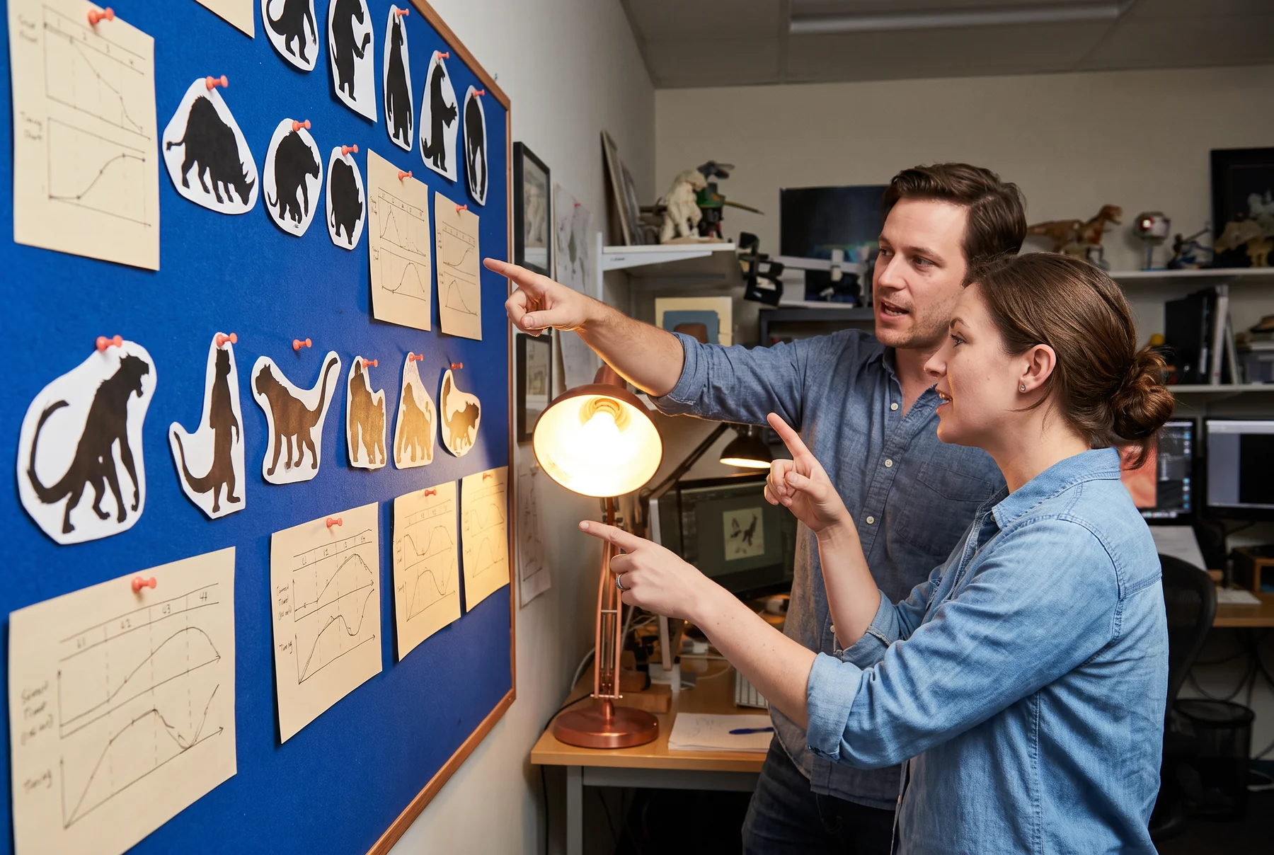 Artists pointing at a character reference and gesture board