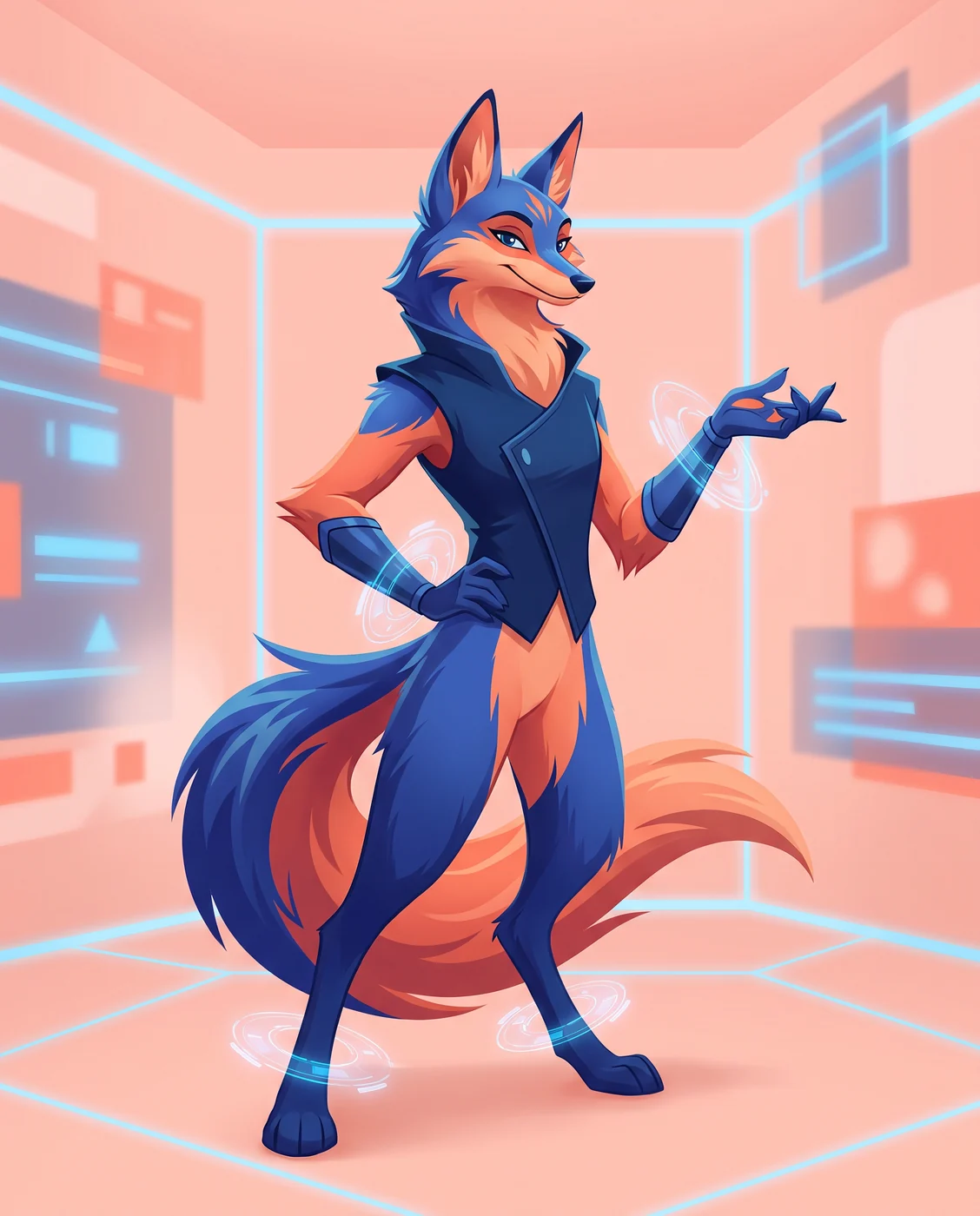 A stylized animated fox character in a confident pose