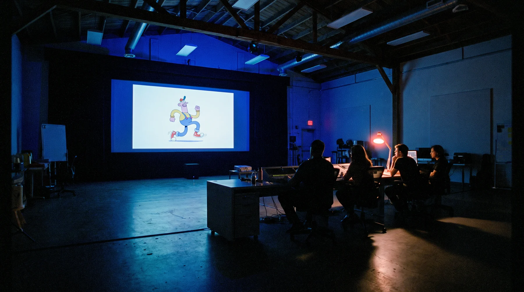 Projection screen in a dark studio during a review