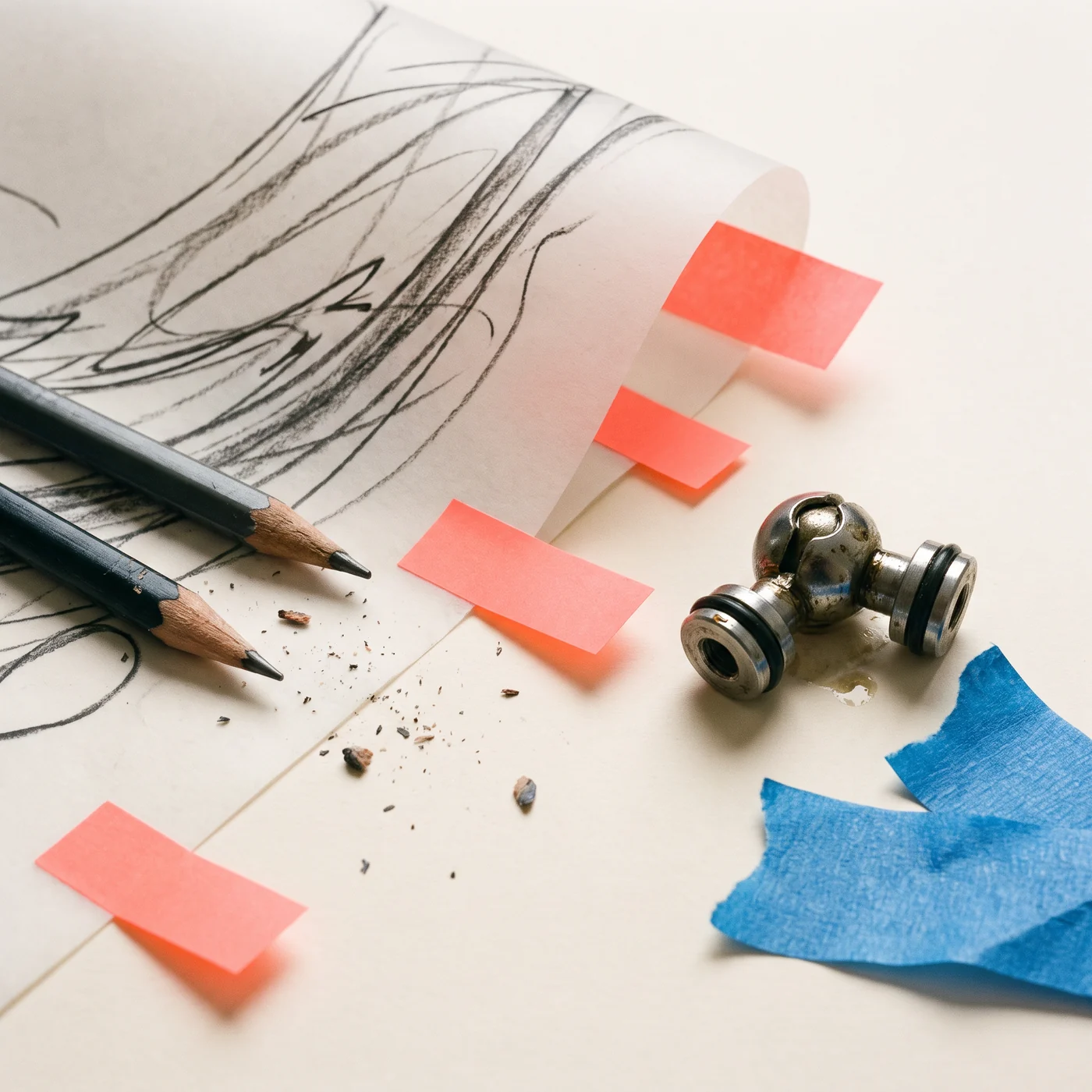 Sketches and small mechanical components on a desk